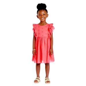 CAT & JACK Lined Puff Butterfly Flutter Sleeve Dress Pink Salmon Coral 3T